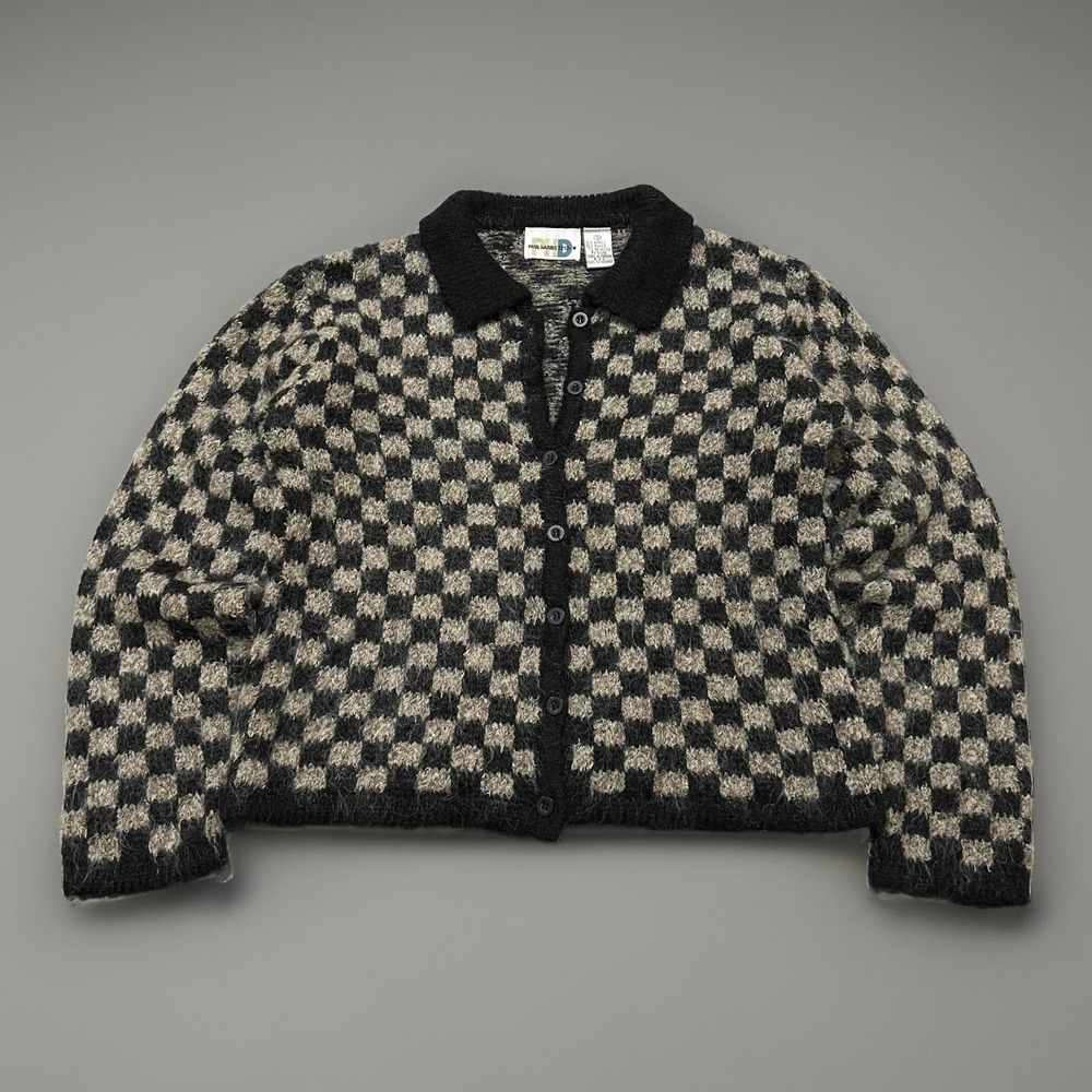 Vintage Paul Harris Design Womens Black Check Mohair Chunky Fuzzy Sweater Size S